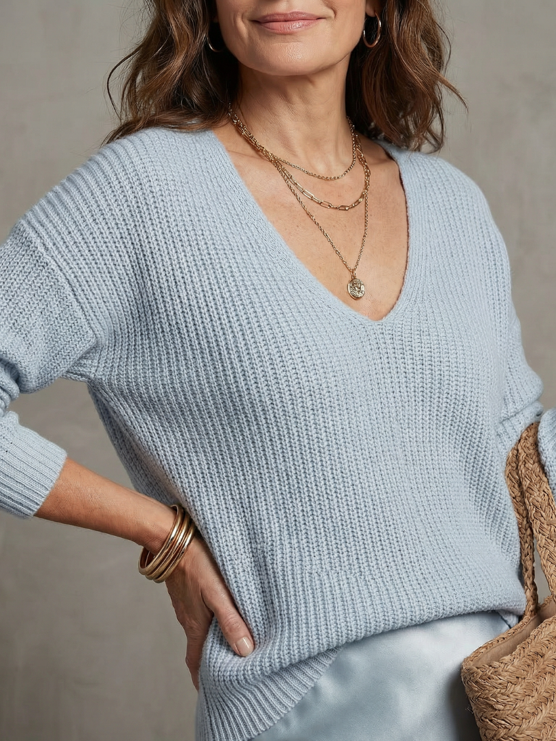 Luciana ribbed knit sweater and bias slip skirt two-piece set — styled view