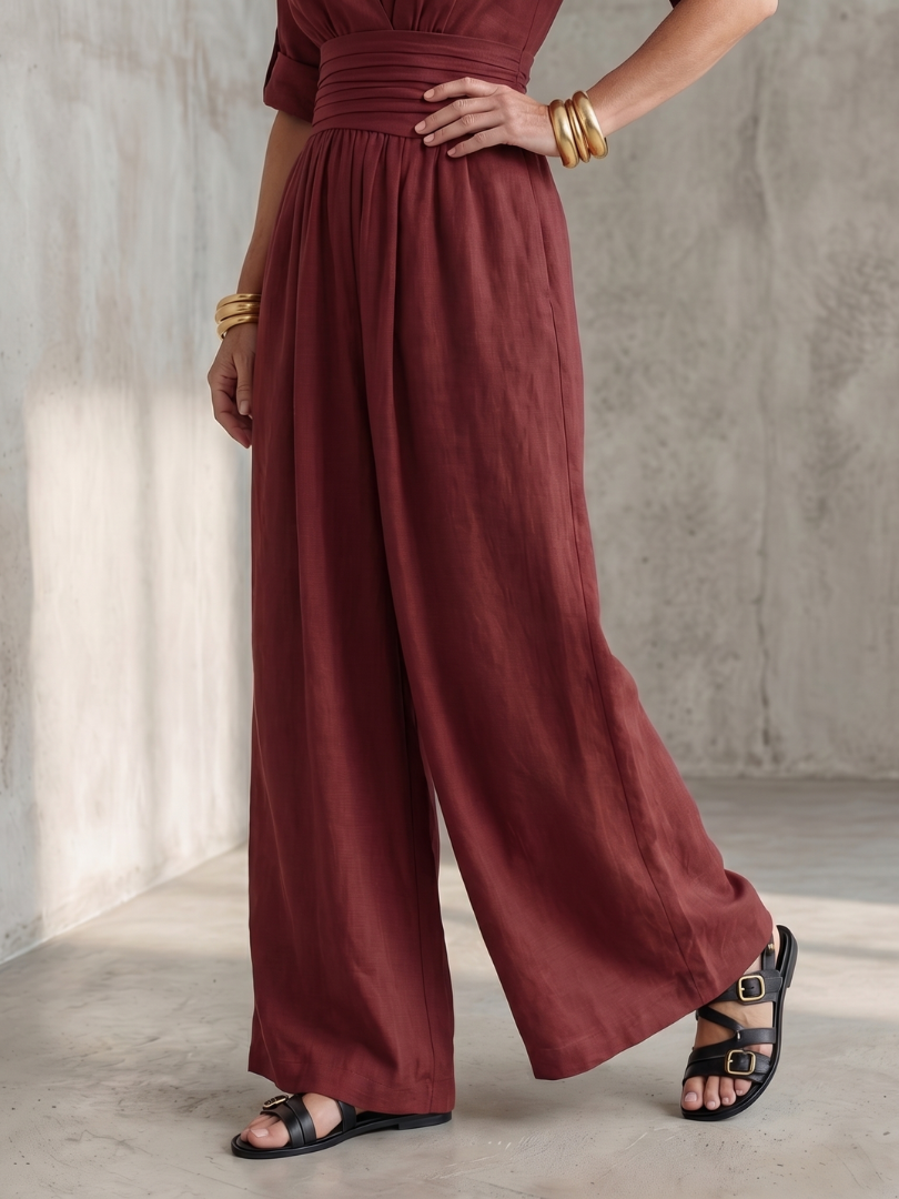 Wanda crossover wide-leg palazzo jumpsuit — detail view