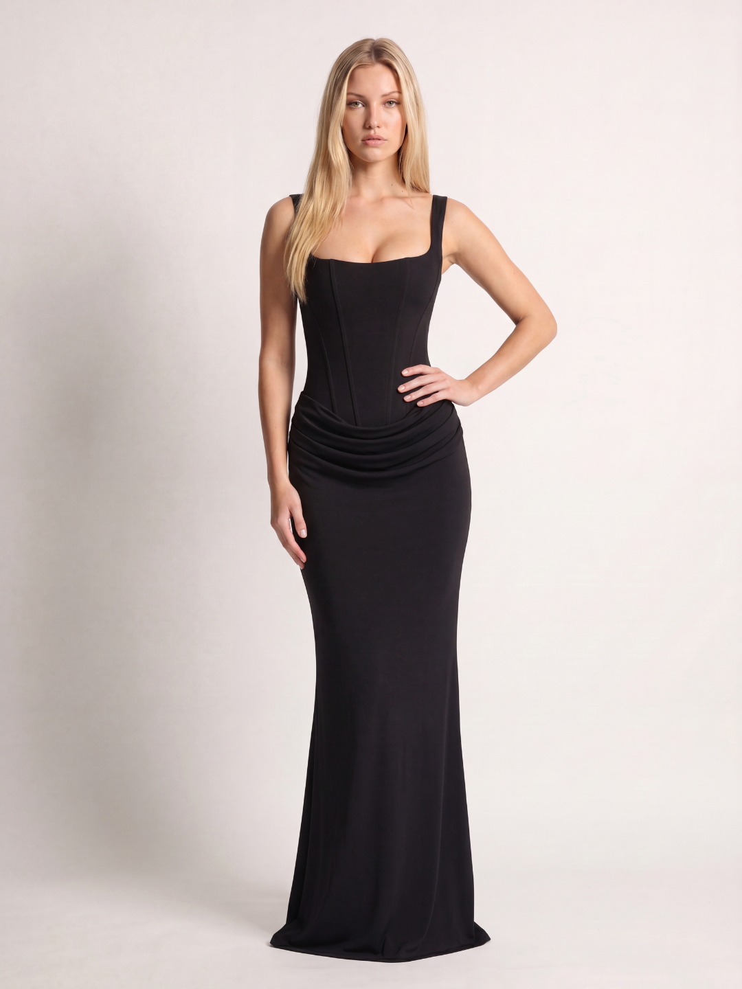 Cleo square-neck corset draped maxi dress — back view