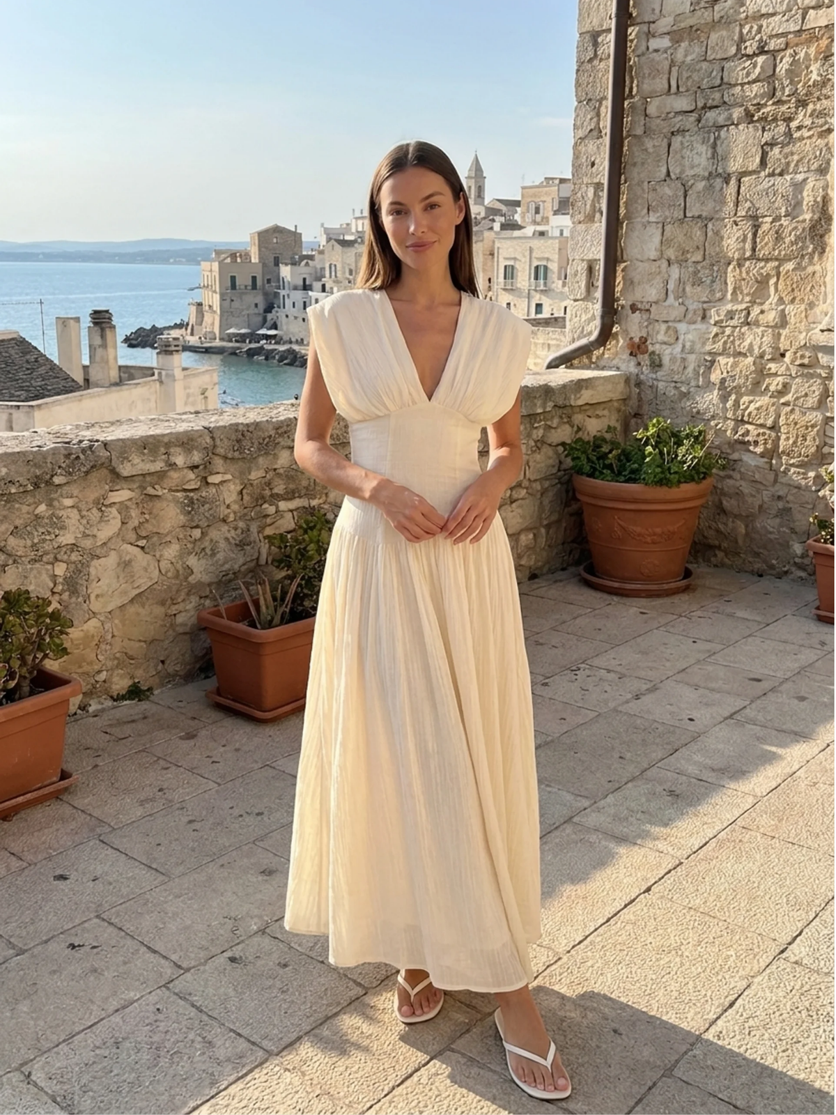 Hazel V-neck ruched maxi dress with asymmetric waist in white — full-length view