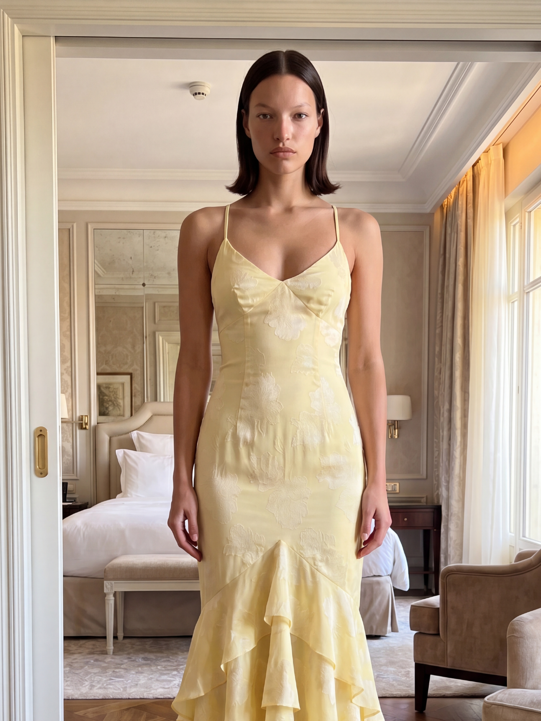 Aria burnout mermaid maxi dress with tiered ruffles in yellow — side view