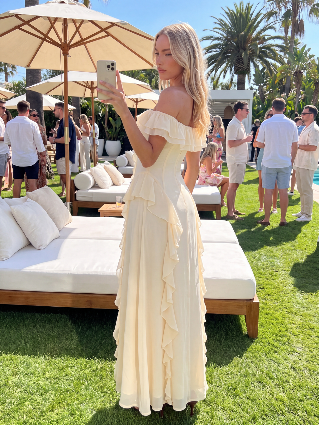 Orla off-shoulder ruffle-trim maxi dress in light green — front view