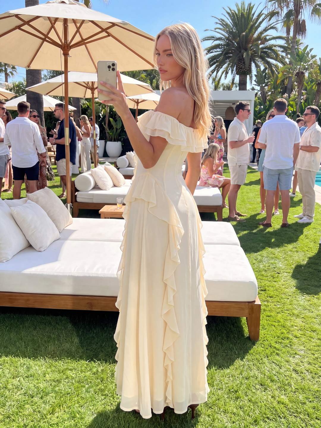 Orla off-shoulder ruffle-trim maxi dress in light green — front view
