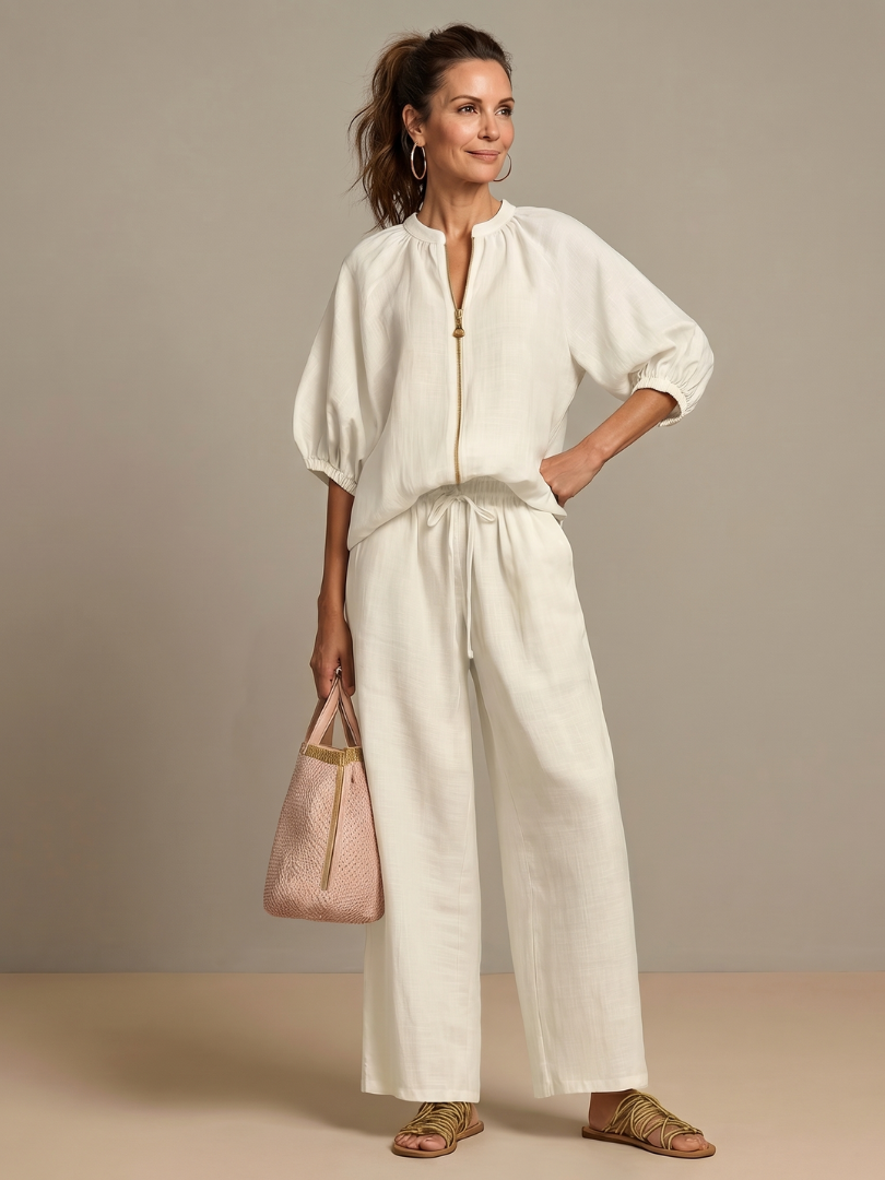 Natalia zip-front blouson top and wide-leg trouser two-piece set — side view