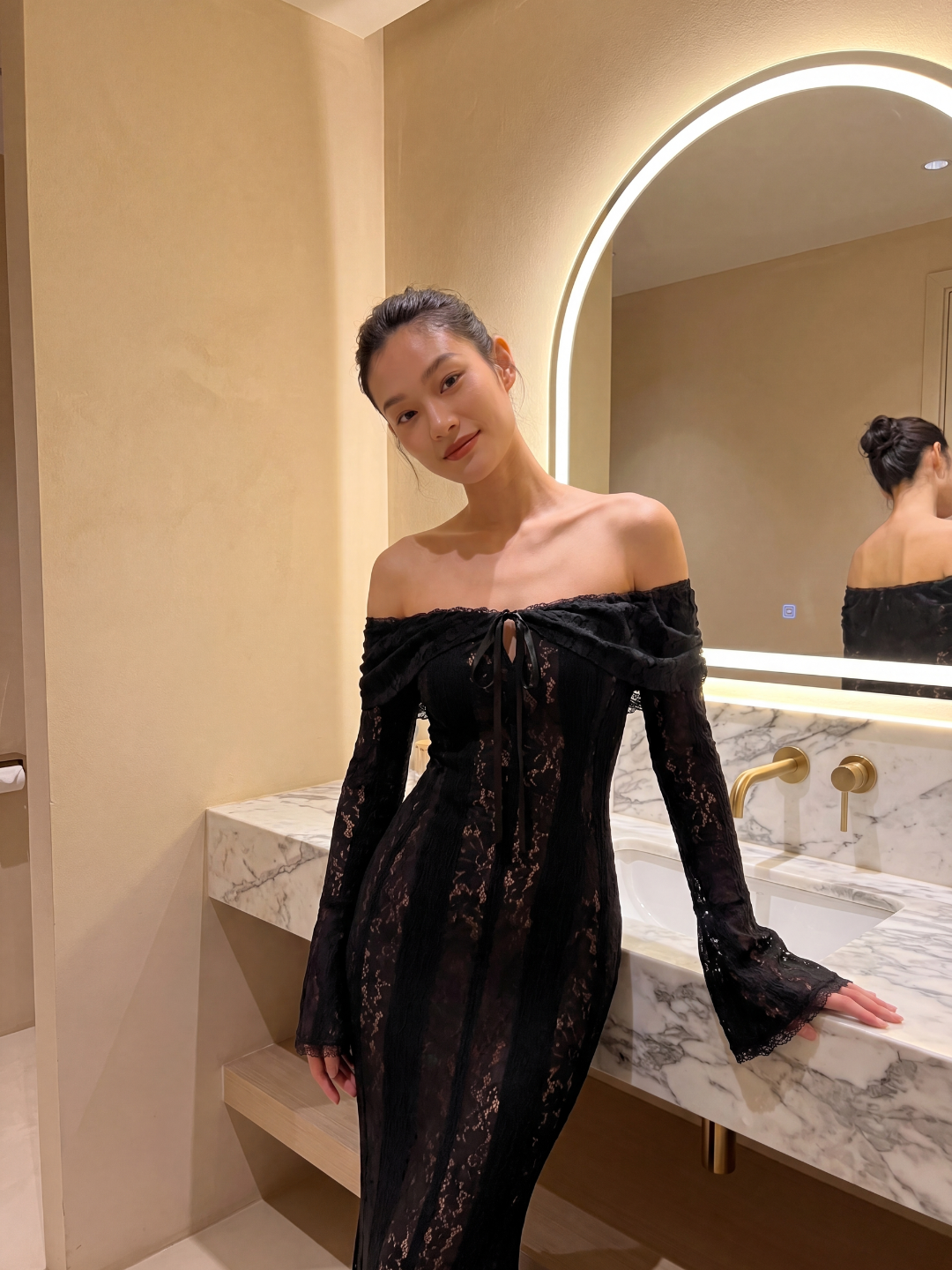 Frankie off-shoulder lace maxi dress with godet skirt in black — side view