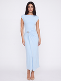 Mara draped wrap midi dress in light blue — front view