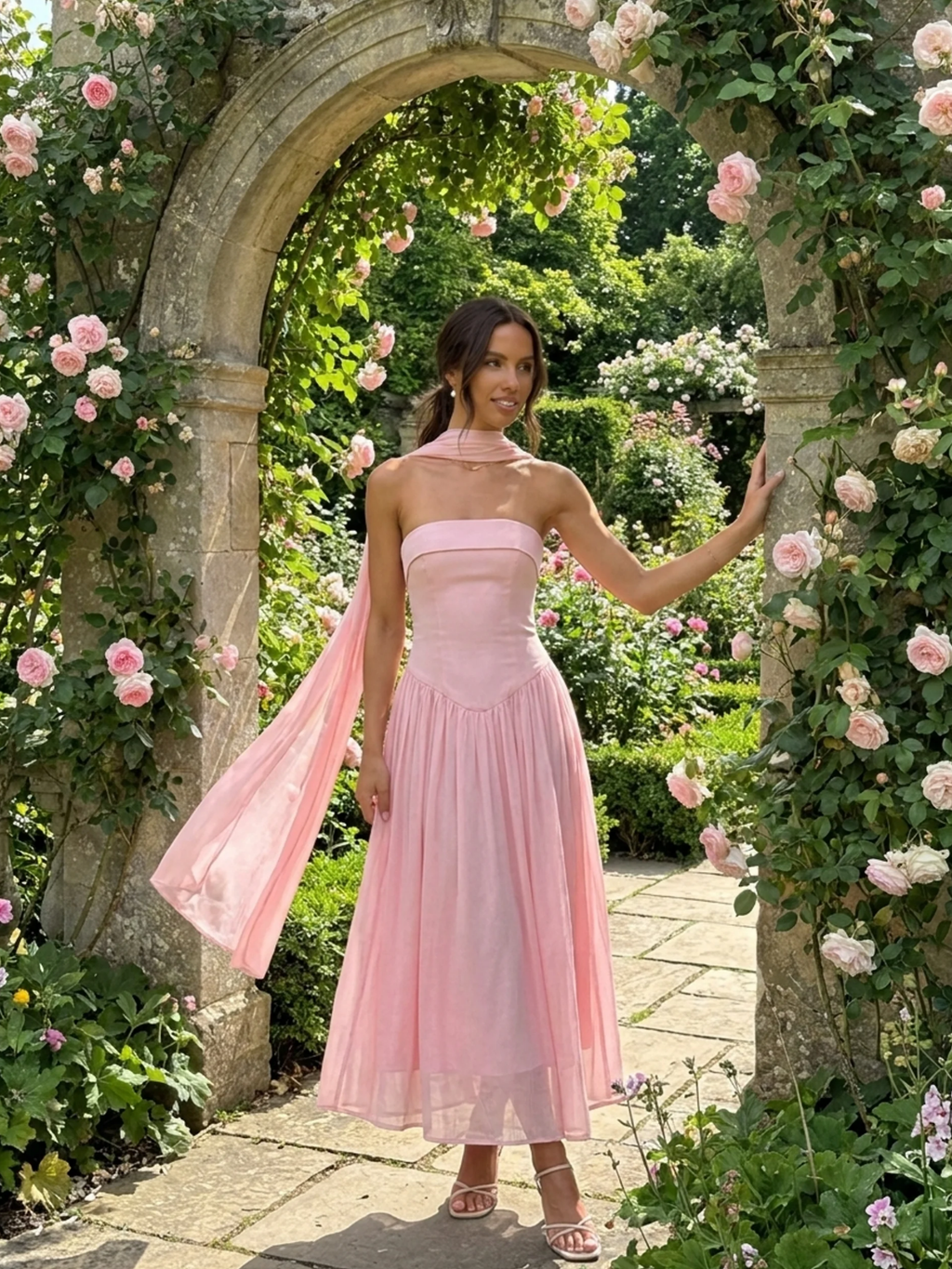 Pippa strapless asymmetric waist drop-skirt maxi dress in pink — detail view