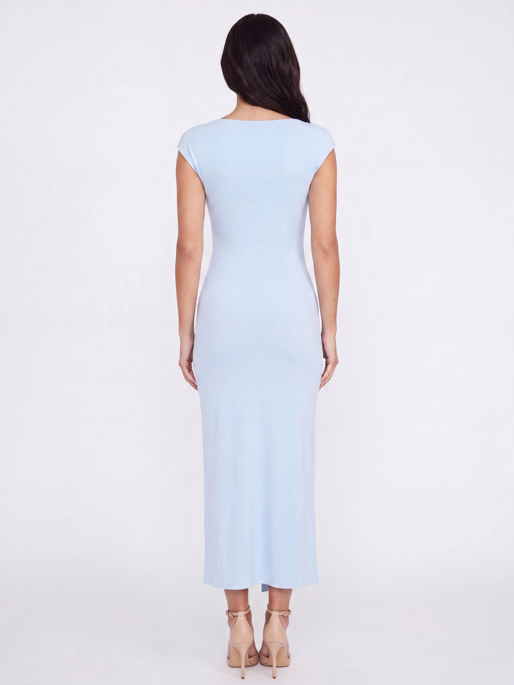 Mara draped wrap midi dress in light blue — back view