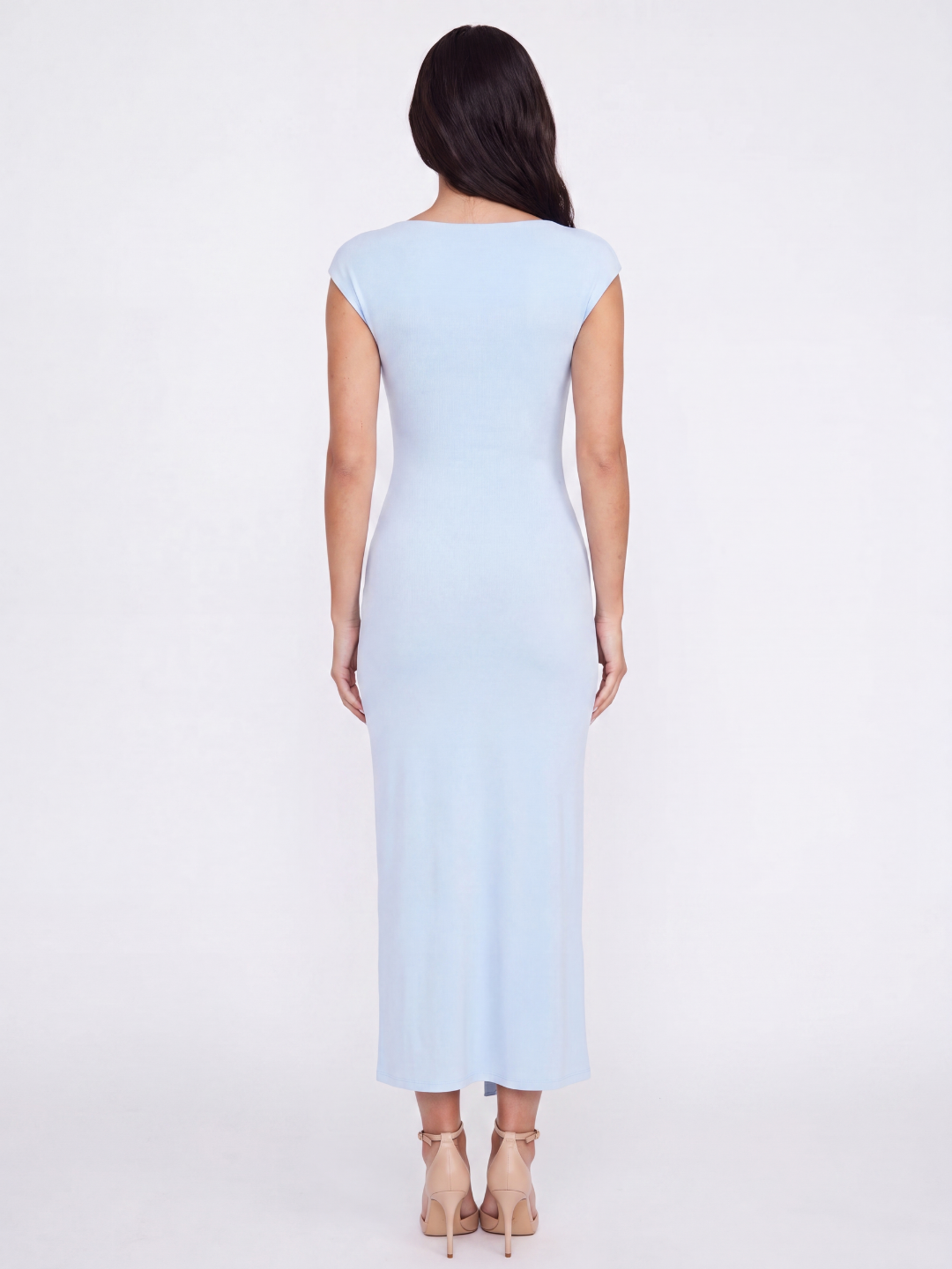 Mara draped wrap midi dress in light blue — back view