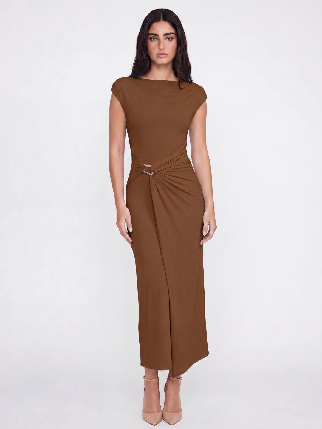 Mara draped wrap midi dress in brown — detail view