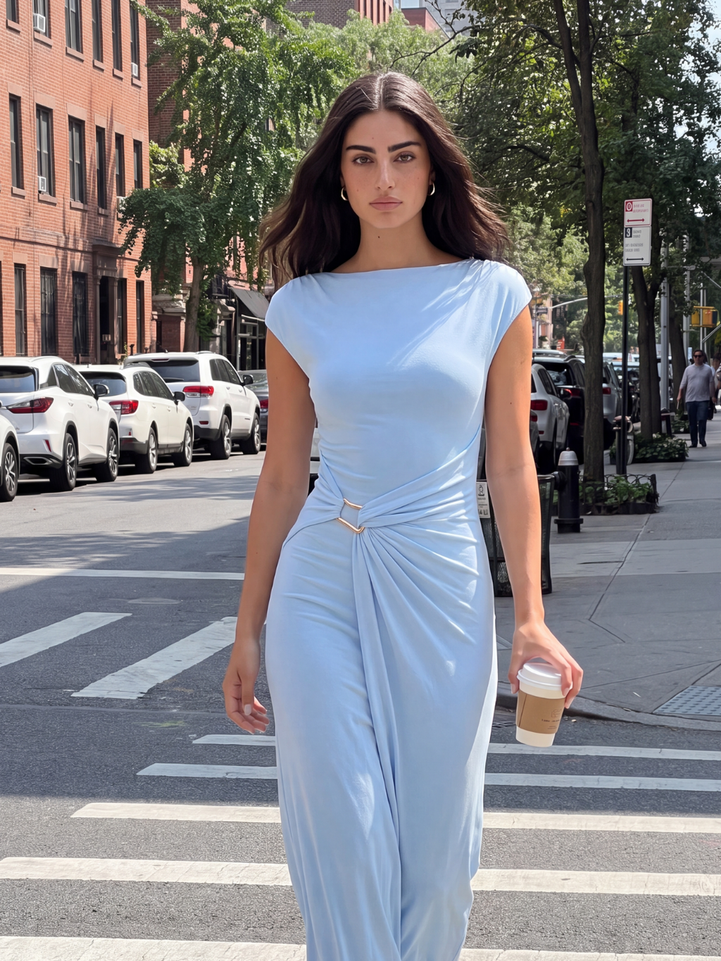 Mara draped wrap midi dress in brown — back view