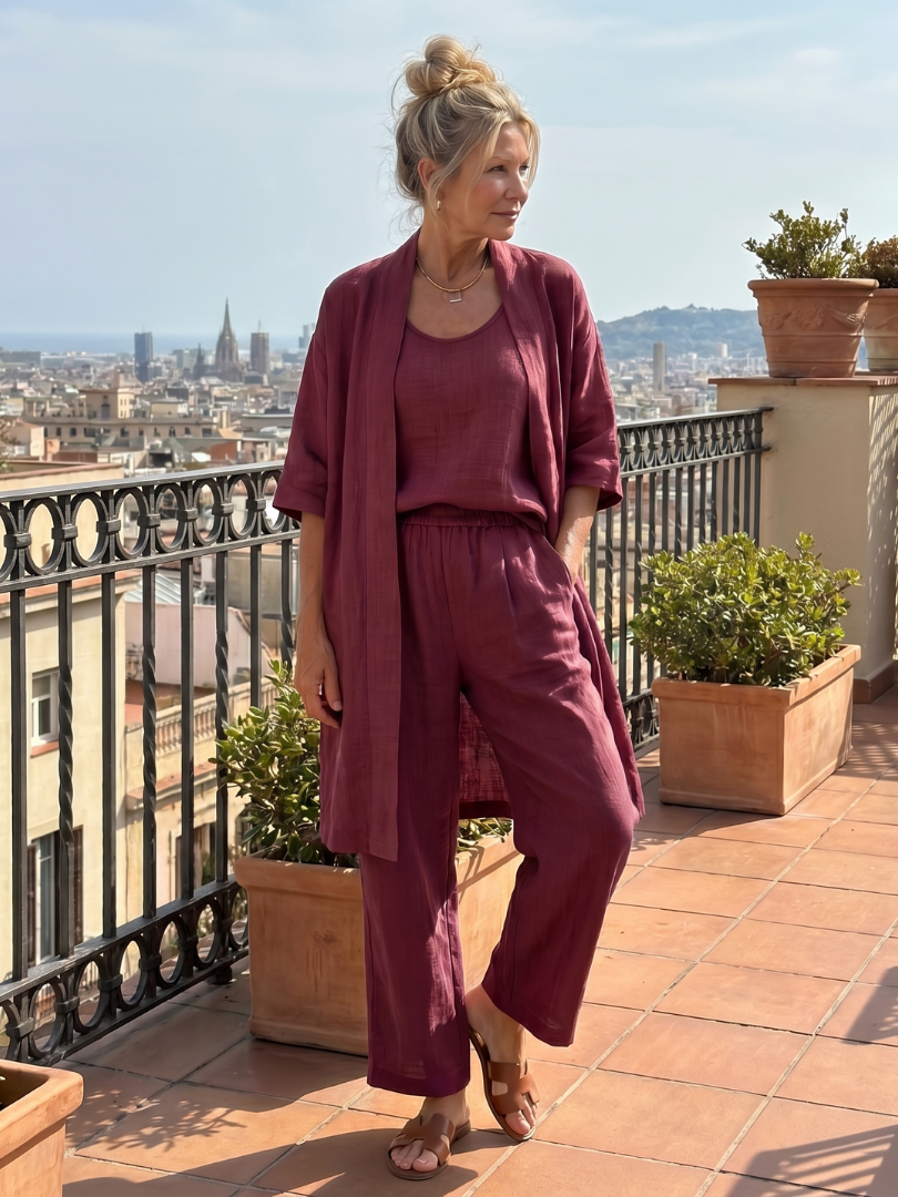 Yael duster, shell top and wide-leg trouser three-piece set — front view