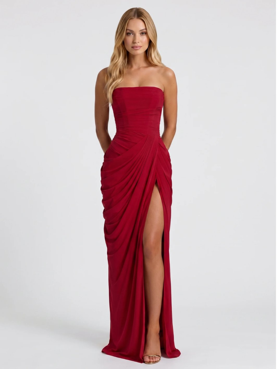 Vivi strapless ruched maxi dress with draped skirt in Yellow — back view