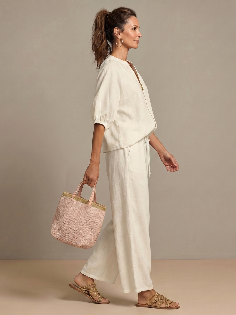 Natalia zip-front blouson top and wide-leg trouser two-piece set — detail view