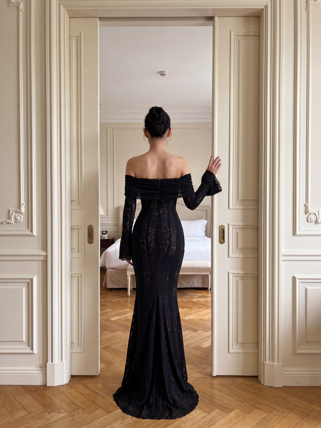Frankie off-shoulder lace maxi dress with godet skirt in black — back view