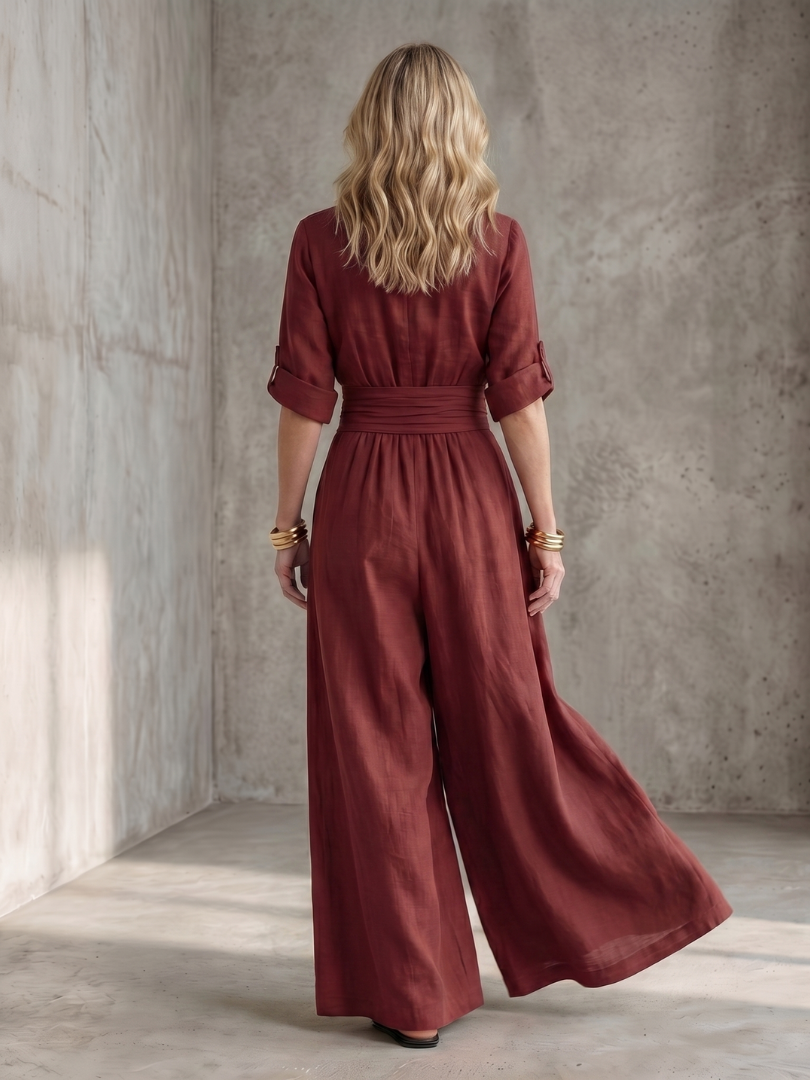 Wanda crossover wide-leg palazzo jumpsuit — styled view