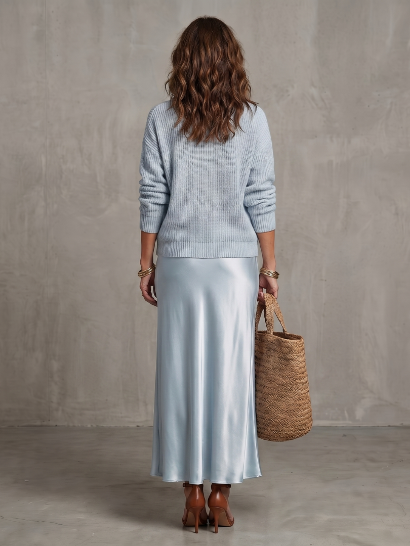 Luciana ribbed knit sweater and bias slip skirt two-piece set — full-length view