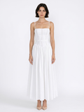 Sage floral spaghetti-strap midi dress with gathered skirt — front view