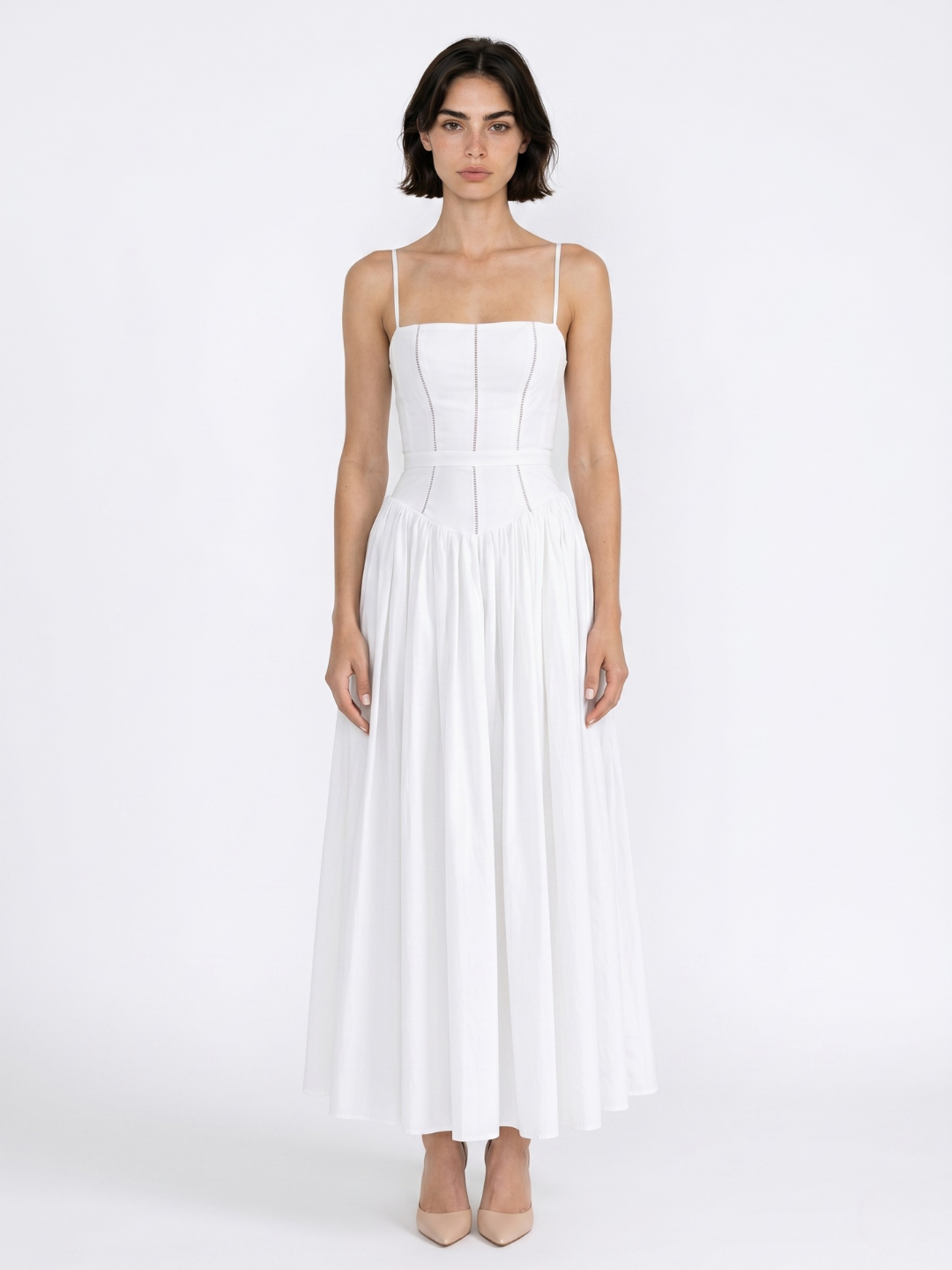 Sage floral spaghetti-strap midi dress with gathered skirt — front view