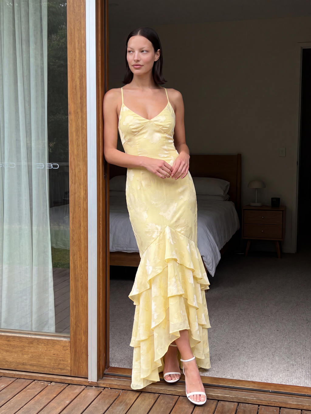 Aria burnout mermaid maxi dress with tiered ruffles in yellow — detail view