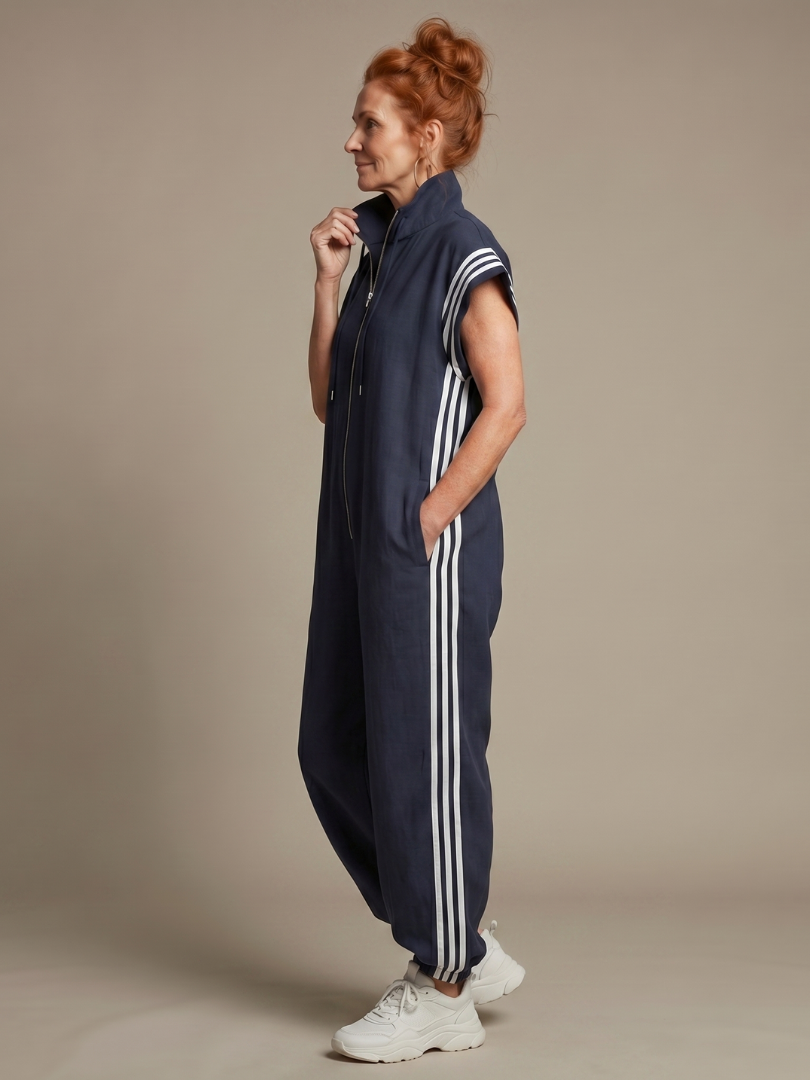 Linnet contrast-stripe zip-front utility jumpsuit — detail view