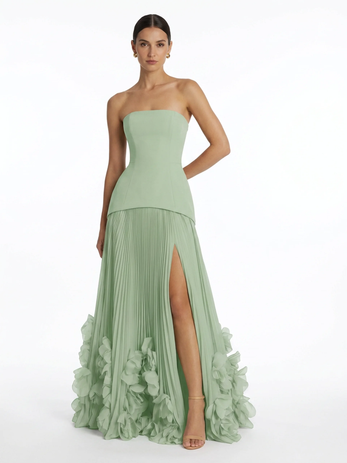 Stevie strapless pleated maxi dress with 3D floral hem — front view