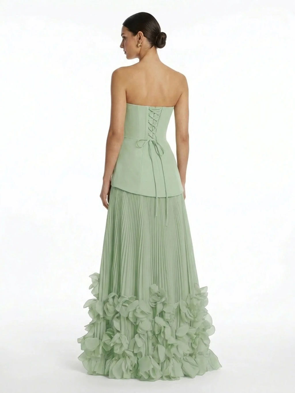 Stevie strapless pleated maxi dress with 3D floral hem — back view