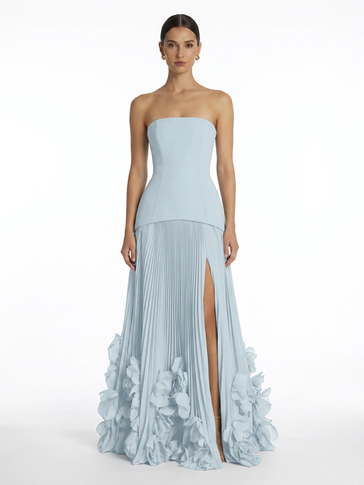 Stevie strapless pleated maxi dress with 3D floral hem — back view