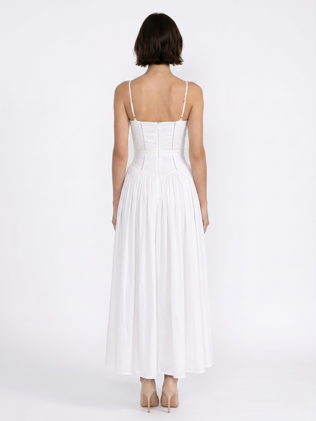 Sage floral spaghetti-strap midi dress with gathered skirt — back view