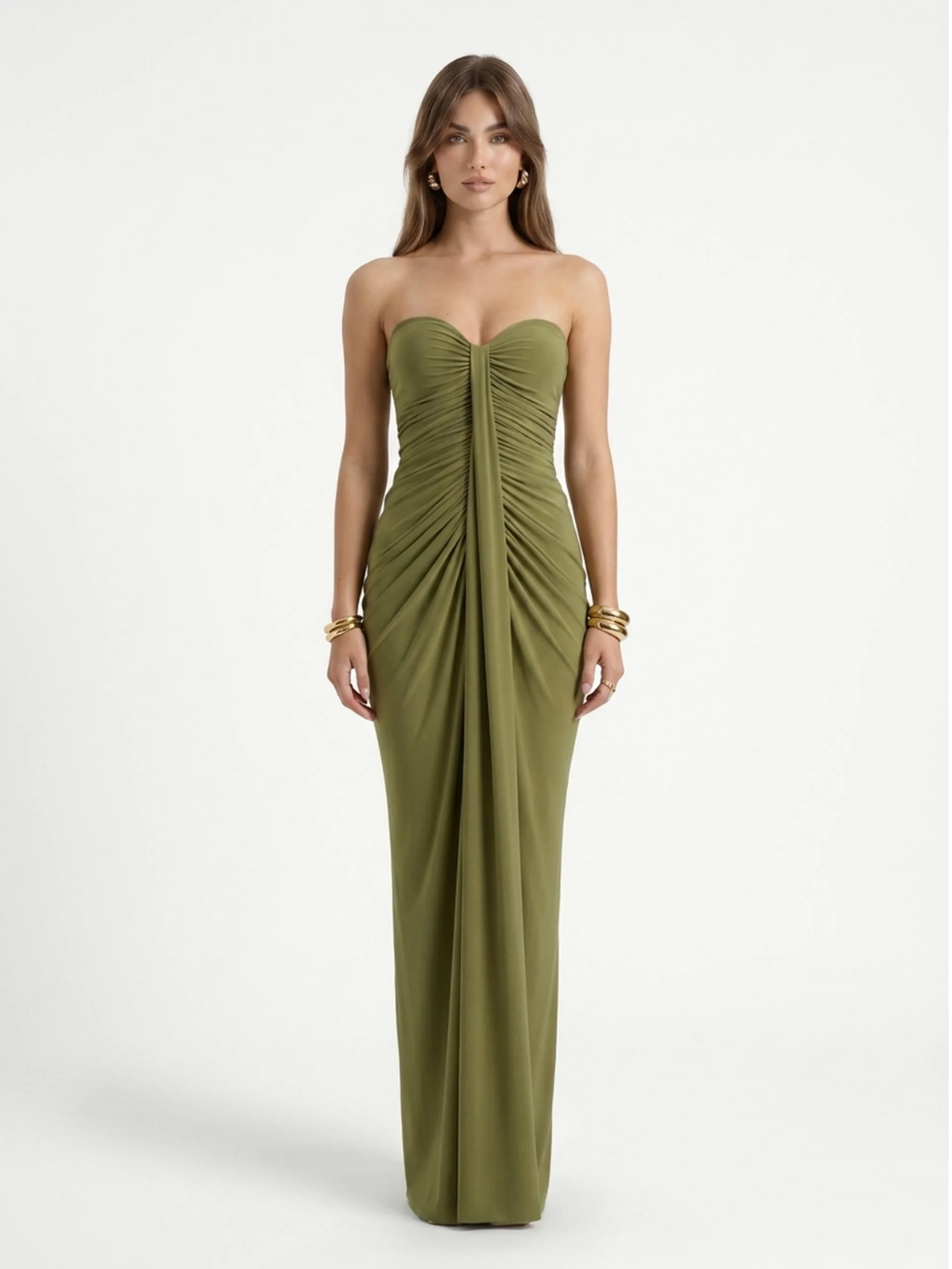 Willow sweetheart ruched wrap maxi dress in olive green — front view