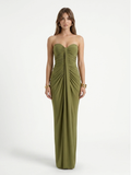 Willow sweetheart ruched wrap maxi dress in olive green — front view