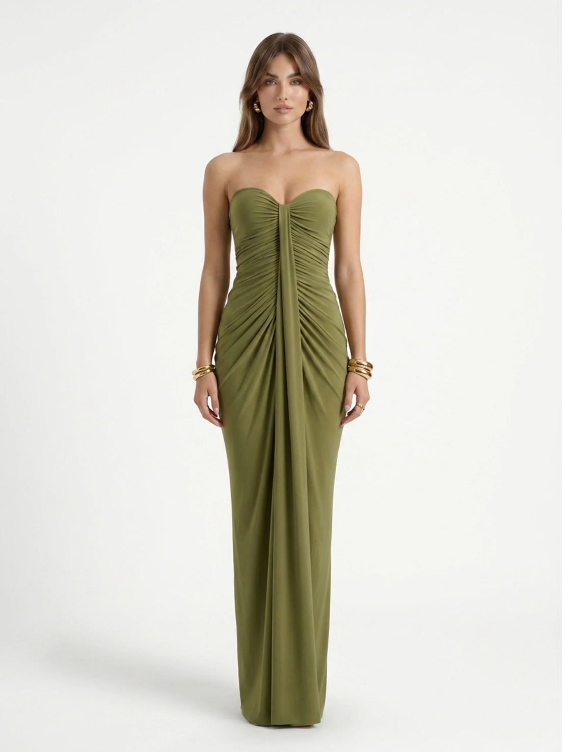 Willow sweetheart ruched wrap maxi dress in olive green — front view