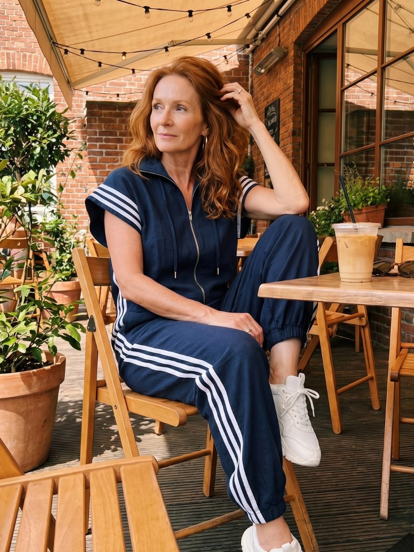 Linnet contrast-stripe zip-front utility jumpsuit — styled view