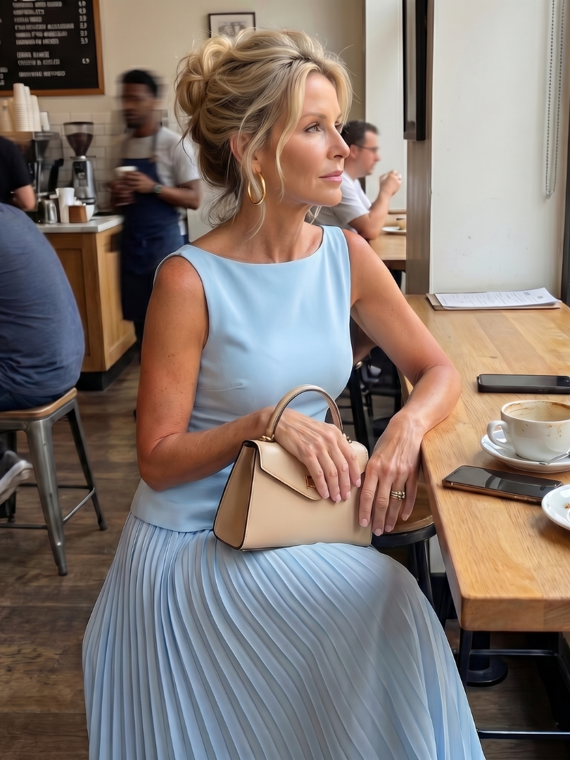 Rhodes boat-neck shell top and pleated maxi skirt two-piece set — side view