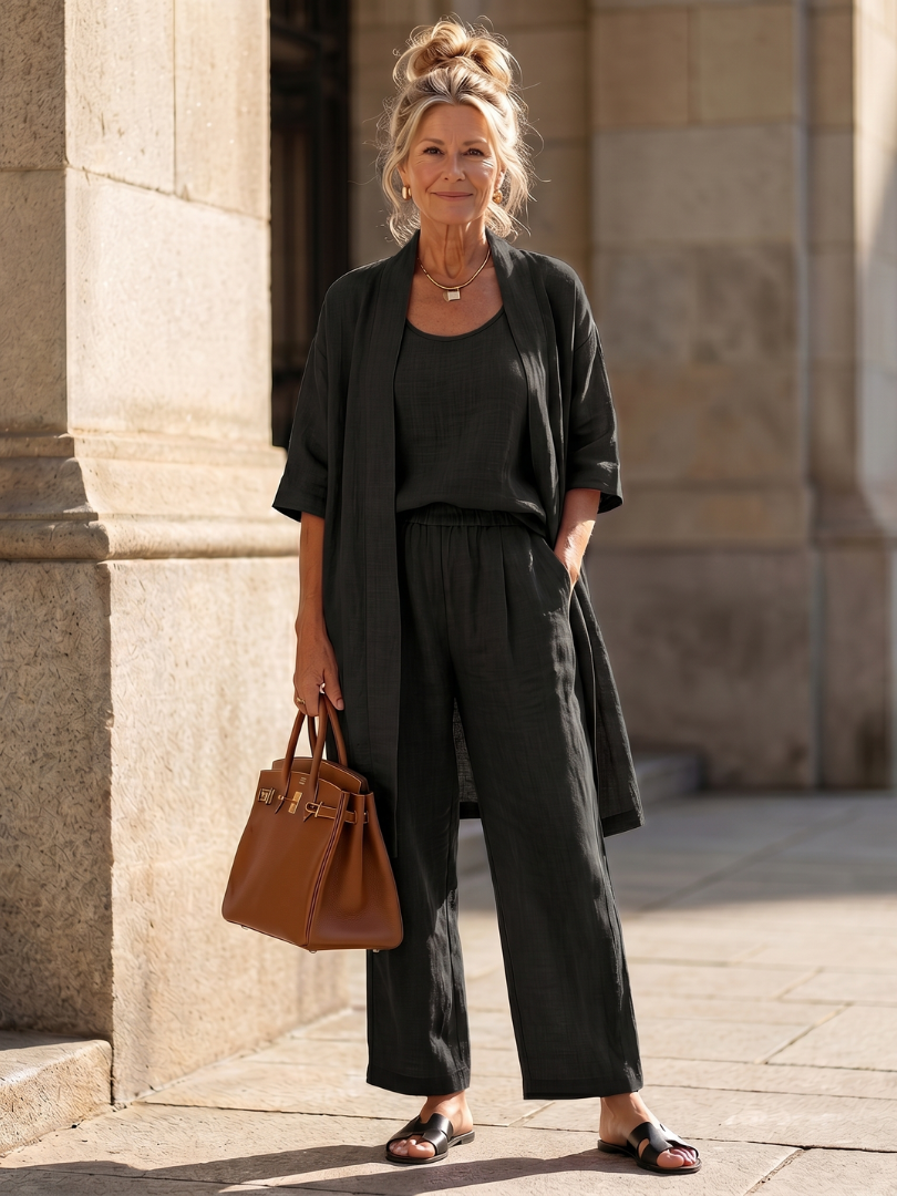 Yael duster, shell top and wide-leg trouser three-piece set — styled view