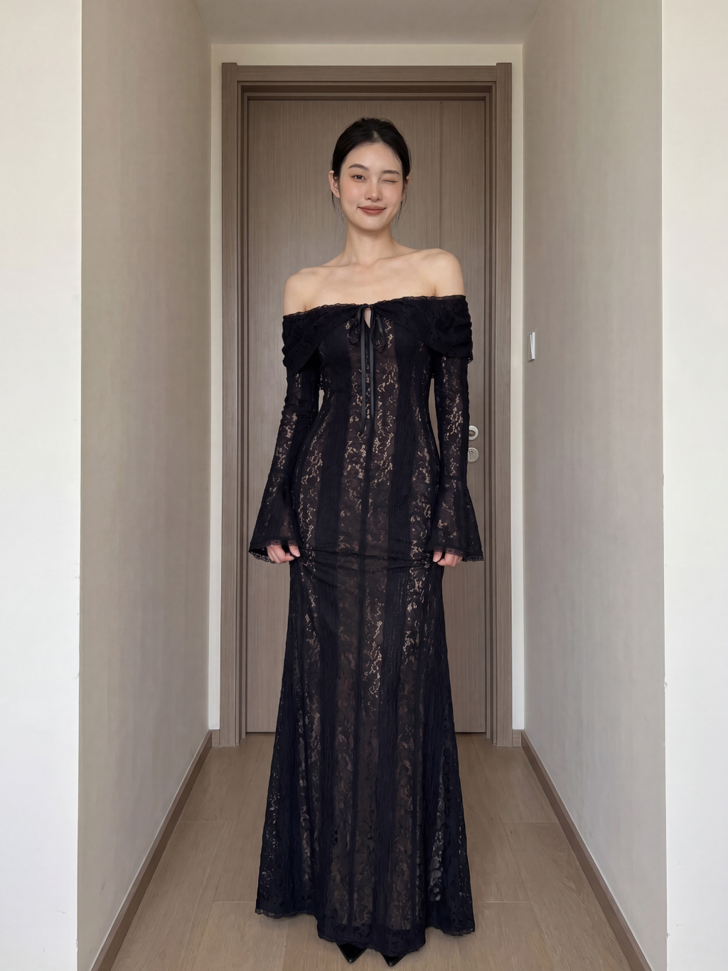 Frankie off-shoulder lace maxi dress with godet skirt in black — detail view