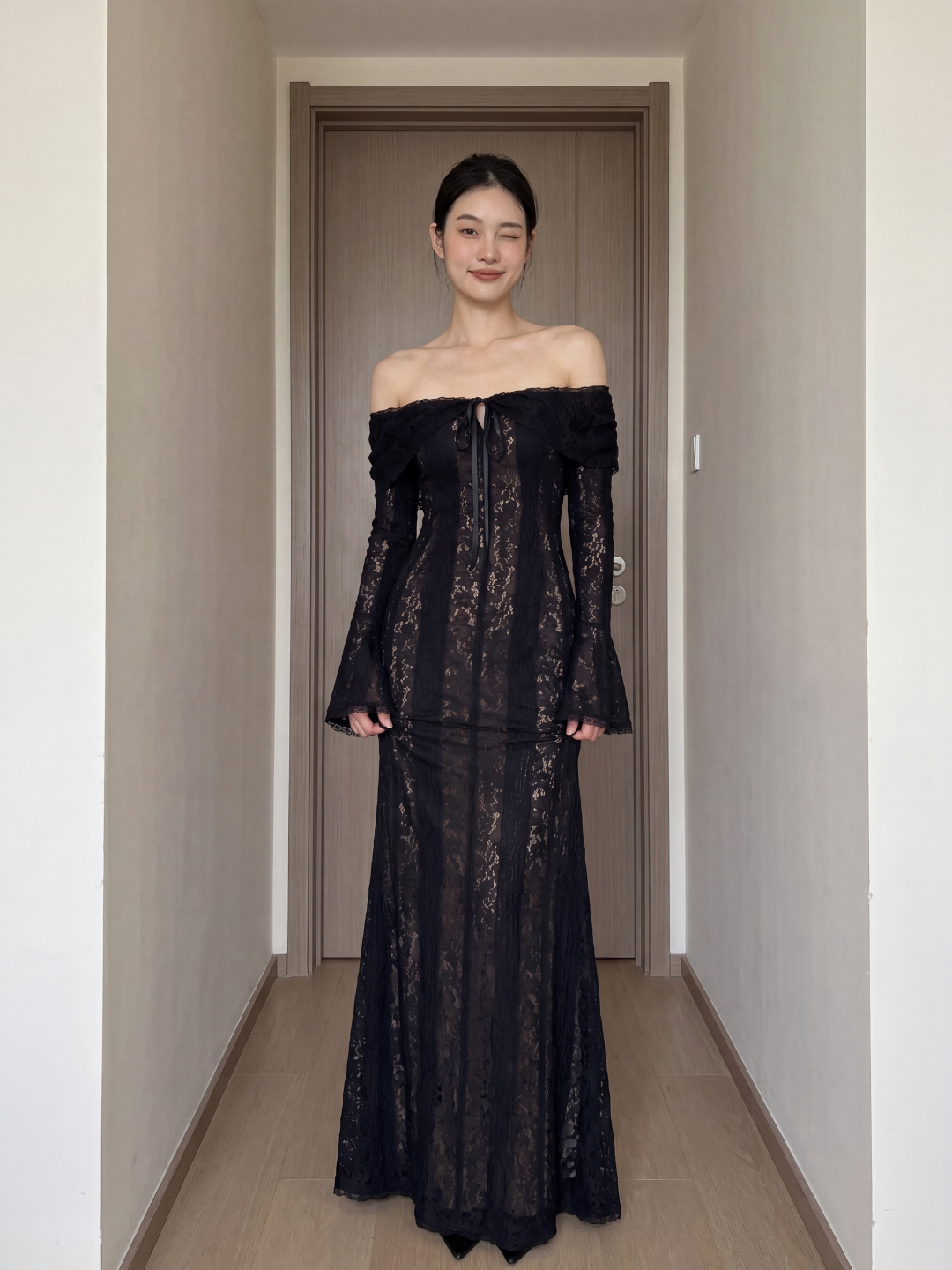Frankie off-shoulder lace maxi dress with godet skirt in black — detail view