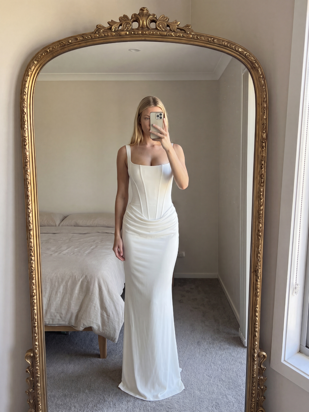 Cleo square-neck corset draped maxi dress — side view
