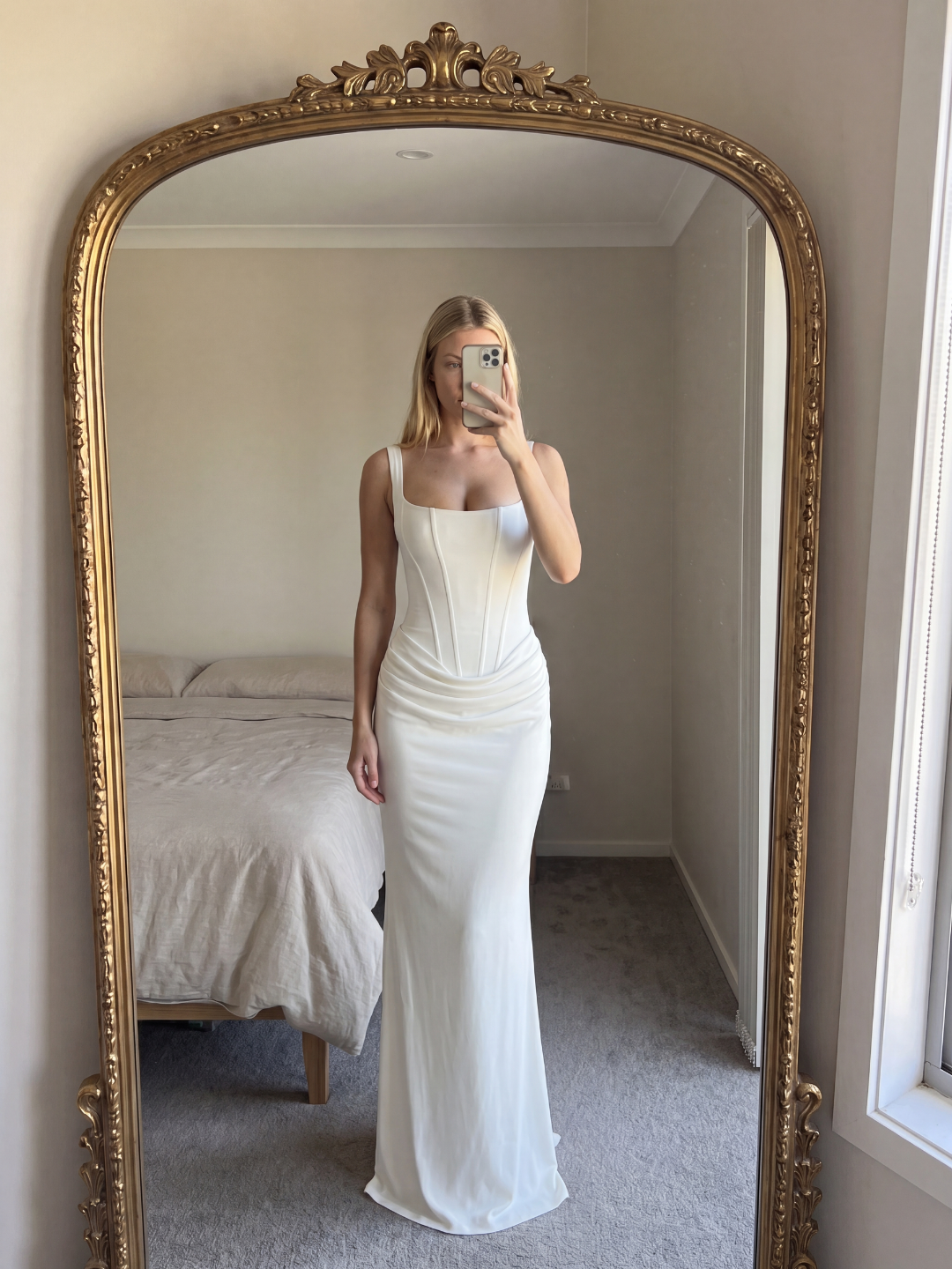 Cleo square-neck corset draped maxi dress — side view