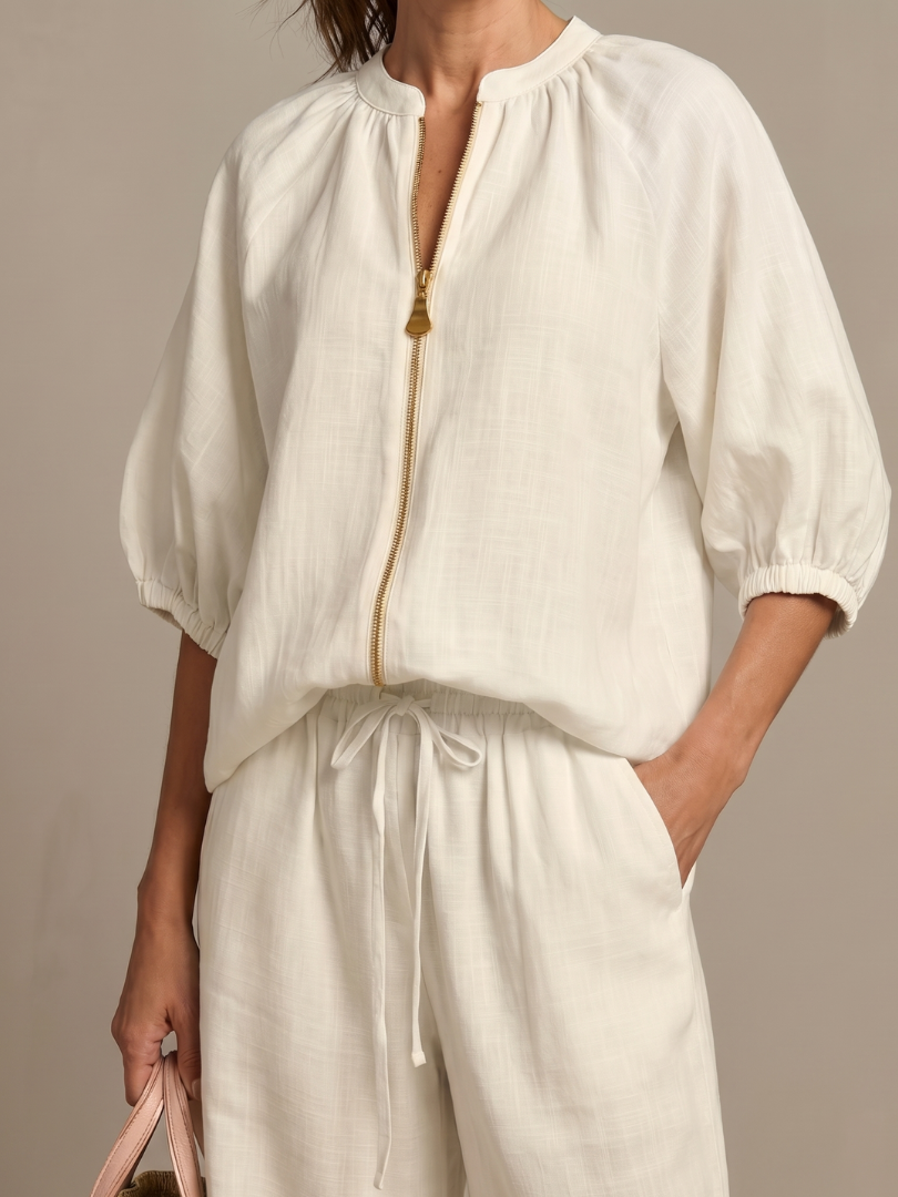 Natalia zip-front blouson top and wide-leg trouser two-piece set — styled view