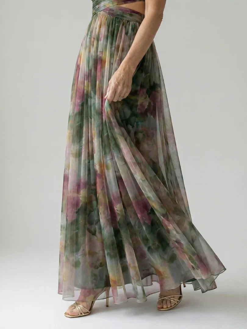 Isel watercolour floral ruched wrap maxi dress — full-length view