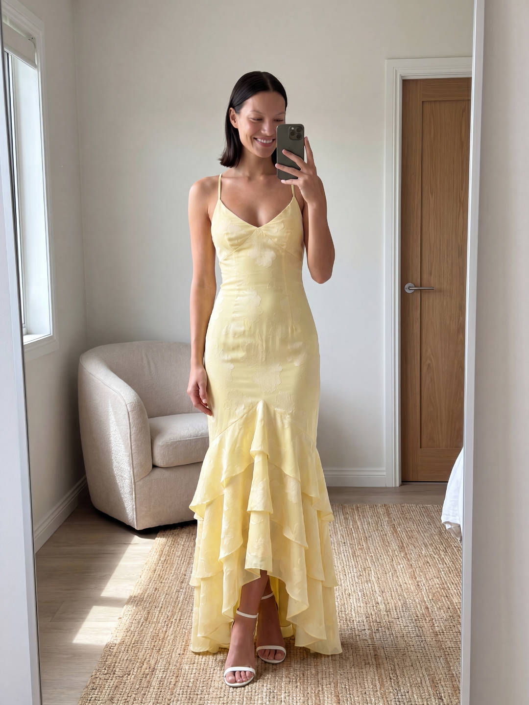 Aria burnout mermaid maxi dress with tiered ruffles in yellow — detail view