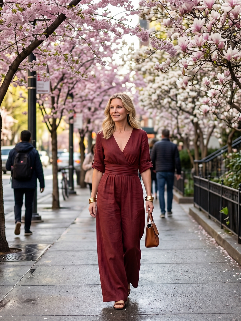 Wanda crossover wide-leg palazzo jumpsuit — back view
