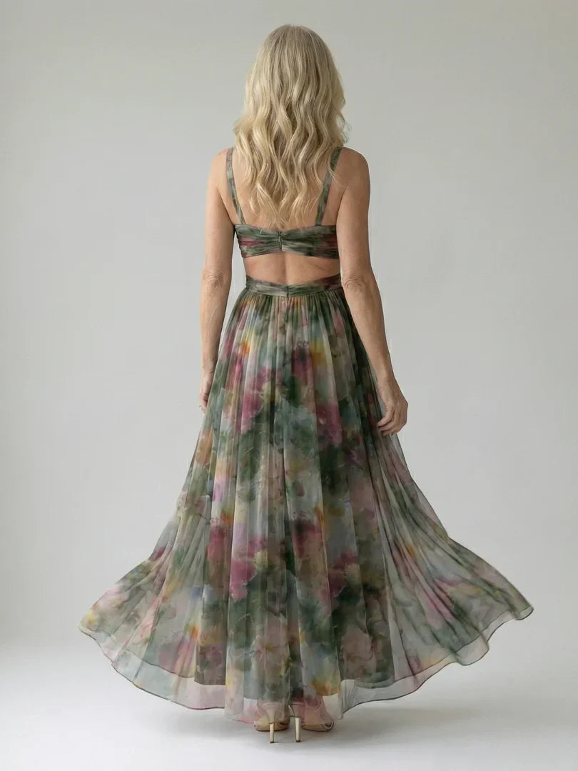 Isel watercolour floral ruched wrap maxi dress — front view