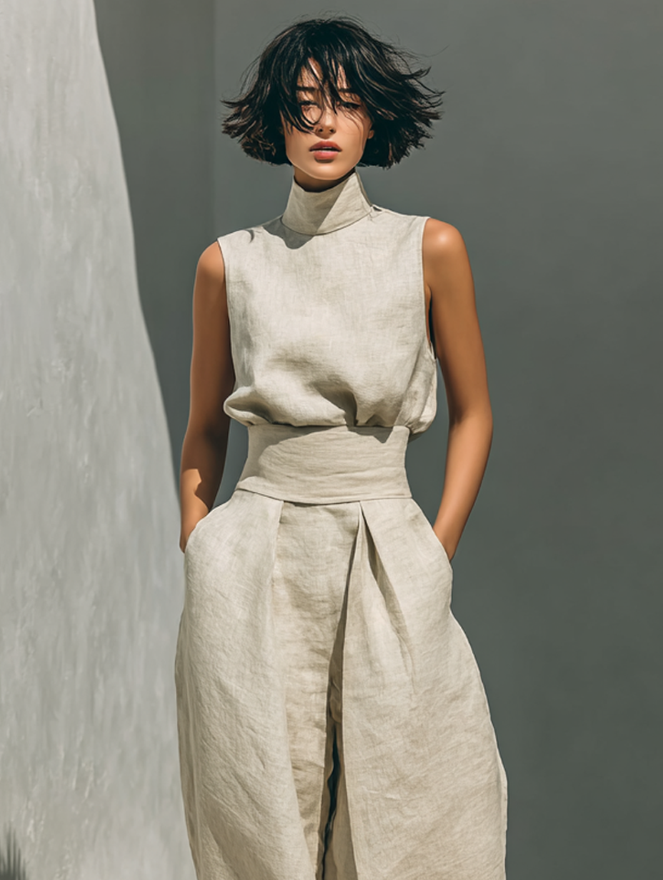 Clara | Cotton Linen Sleeveless Top and Wide Leg Pants Set