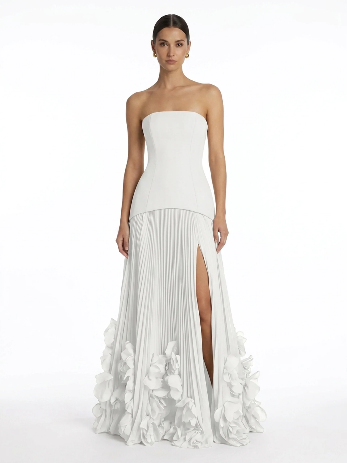 Stevie strapless pleated maxi dress with 3D floral hem — side view