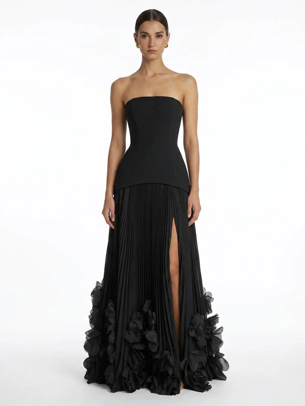Stevie strapless pleated maxi dress with 3D floral hem — detail view