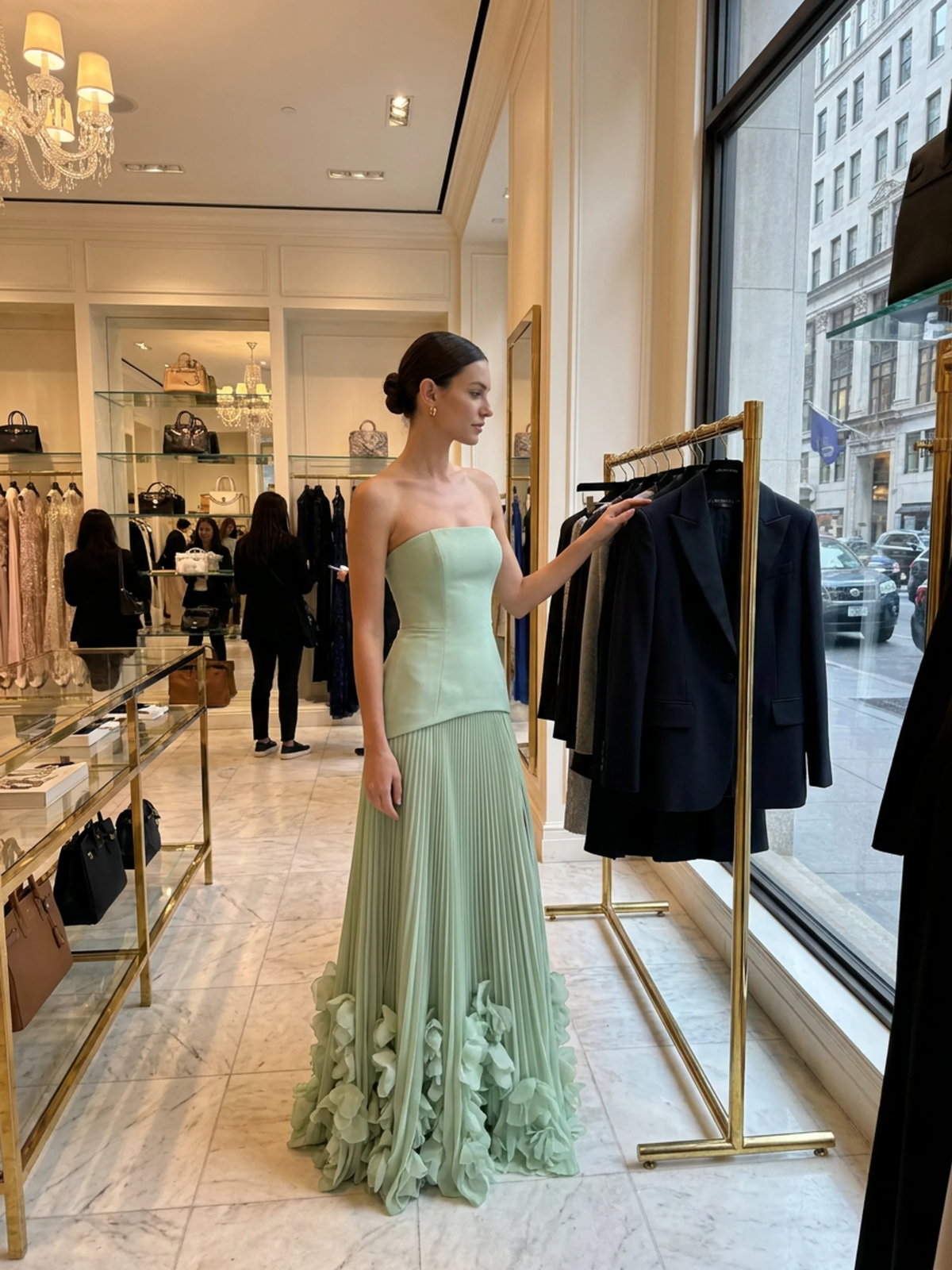Stevie strapless pleated maxi dress with 3D floral hem — front view