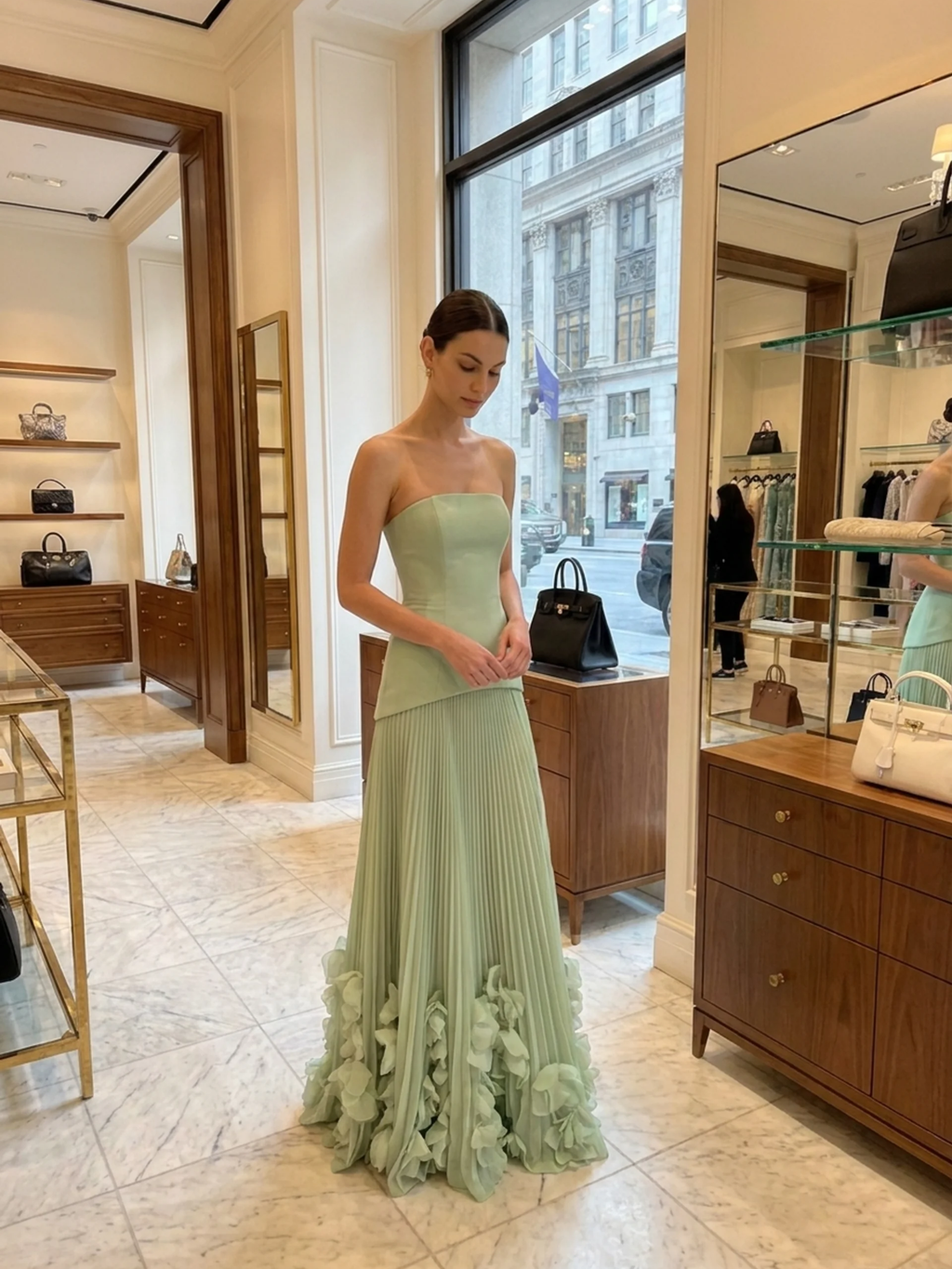 Stevie strapless pleated maxi dress with 3D floral hem — detail view