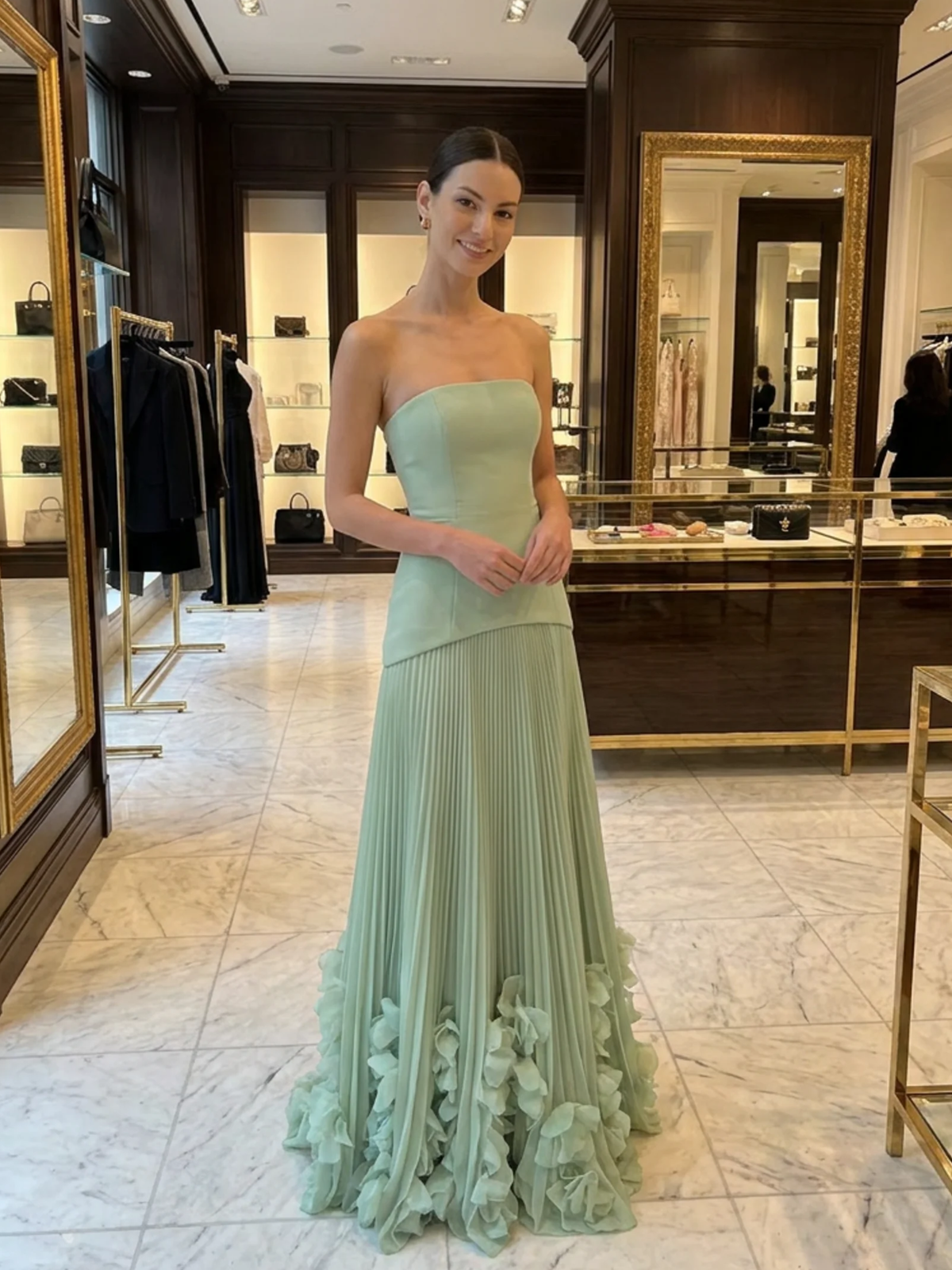 Stevie strapless pleated maxi dress with 3D floral hem — side view